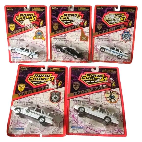 Vintage 1996 Lot of 5 Road Champs Police Series Diecast Metal Plastic Cars Toys